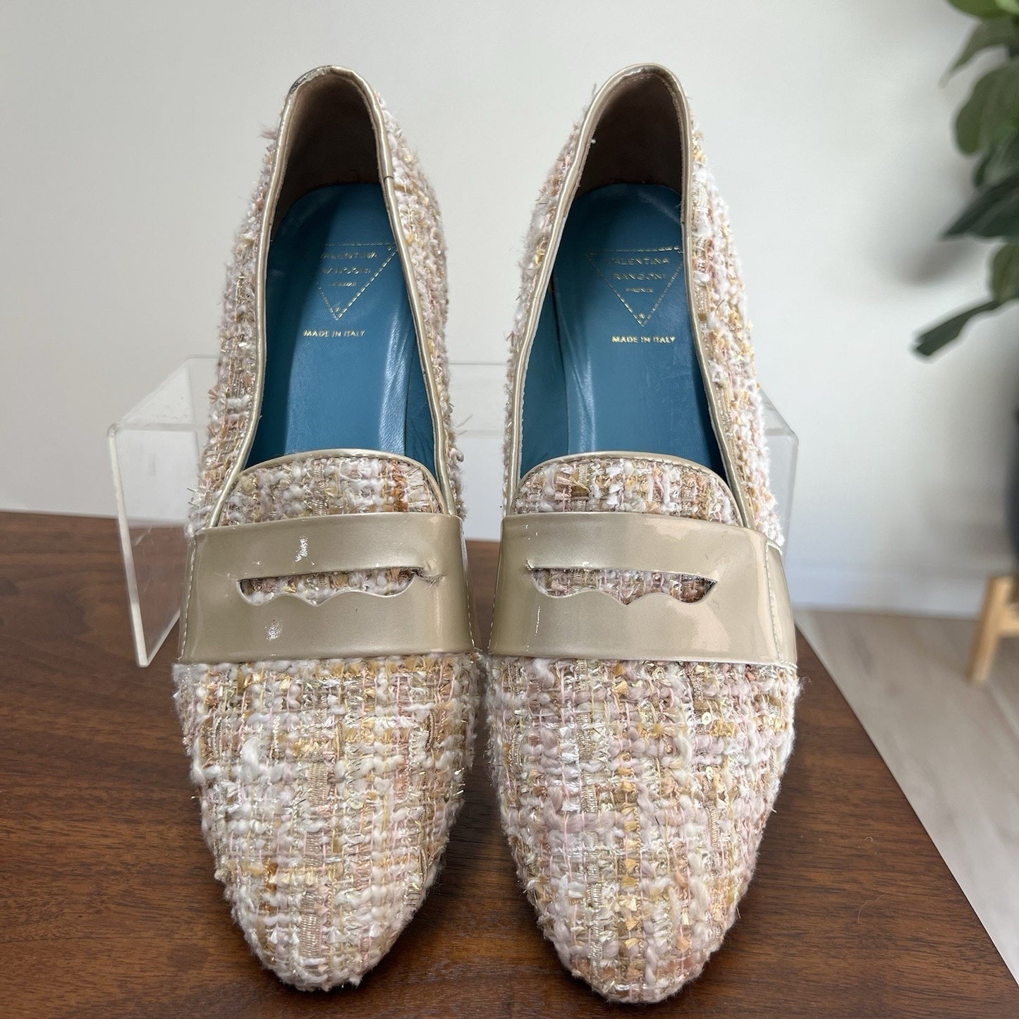 Valentina Rangoni 7M Tweed Loafer Gold Shimmer Cream Briseide Designer Luxury