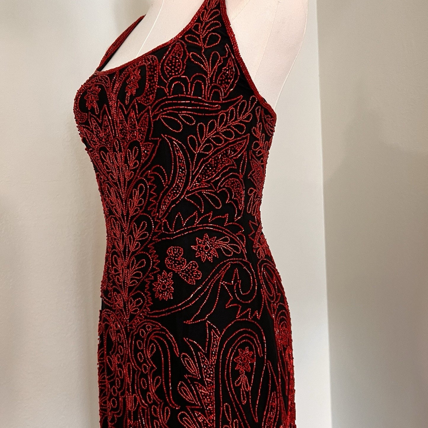 XS Cache Silk Black Red Beaded Dress Vamp Y2K Dramatic Goth Witchy Glam Luxe 90s