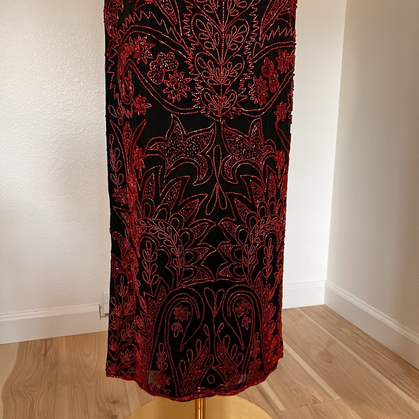 XS Cache Silk Black Red Beaded Dress Vamp Y2K Dramatic Goth Witchy Glam Luxe 90s