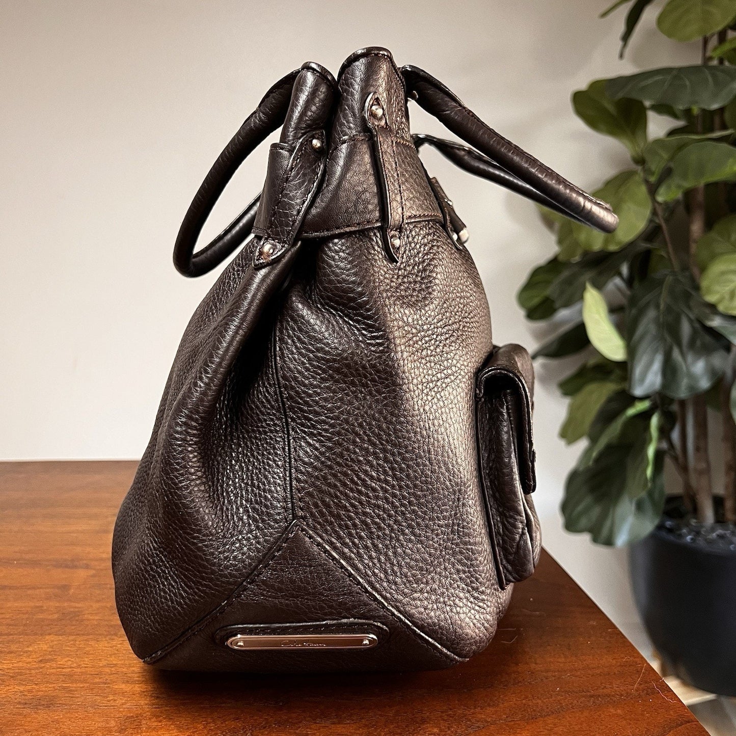 $400 Cole Haan Belted Brown Pebbled Leather Tote Satchel Shoulder Bag Purse