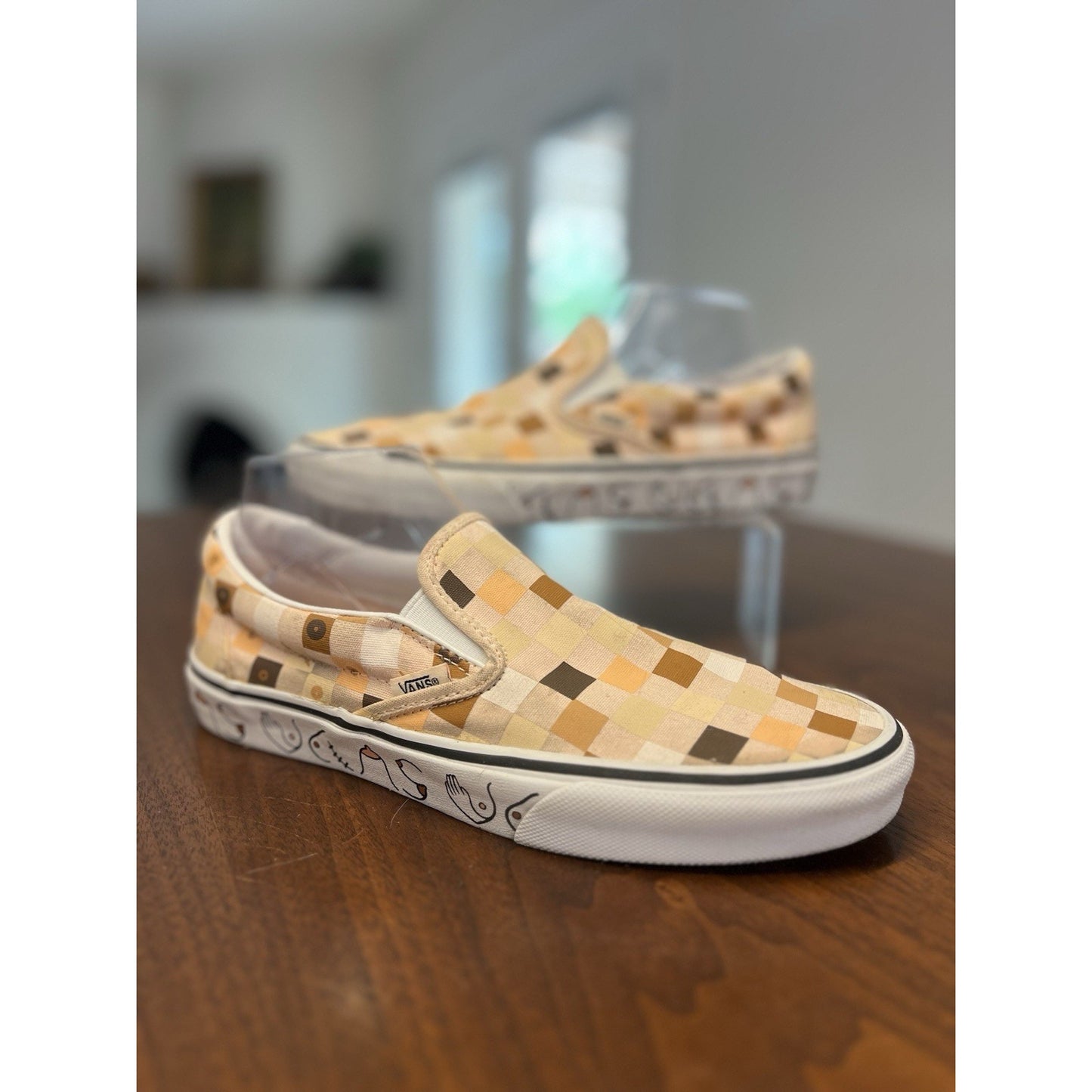Vans Slip-on Breast Cancer Awareness Shoe Nude Color Check Print Sz 7.5 Mens