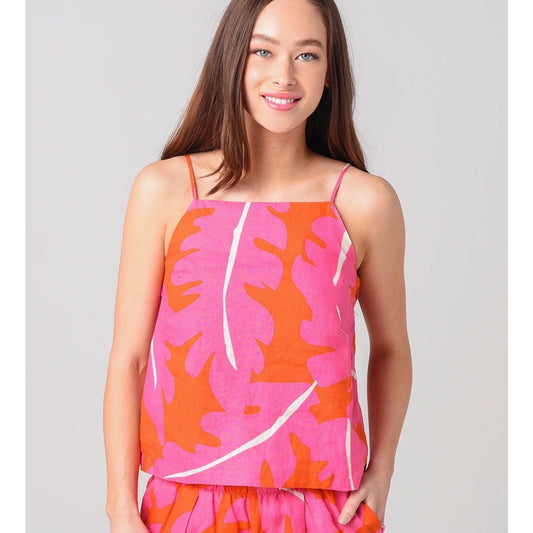 $198 Trovata Birds of Paradis Linen Square Neck Tank (S) Pink Orange Tropical