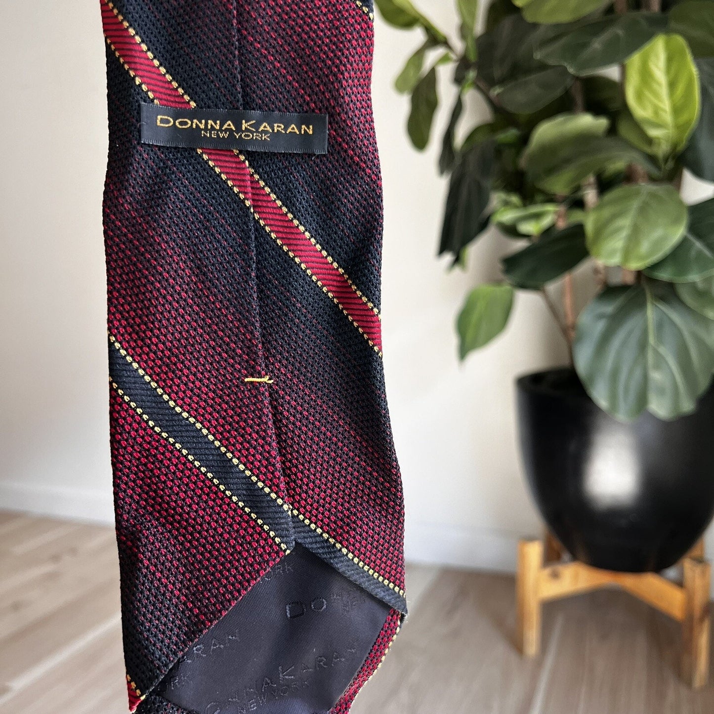 Vintage Italian Silk Handmade Designer Donna Karan Black Red Gold Woven Tie