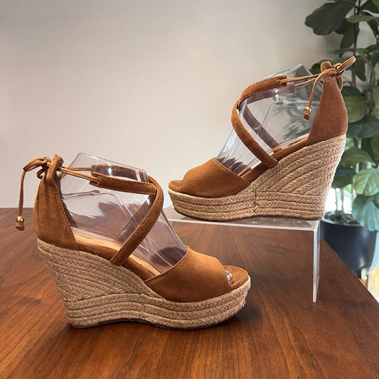 UGG Reagan Suede Espadrille Sz 7 Wedge Sandal Lace Up Peep Toe Natural Jute