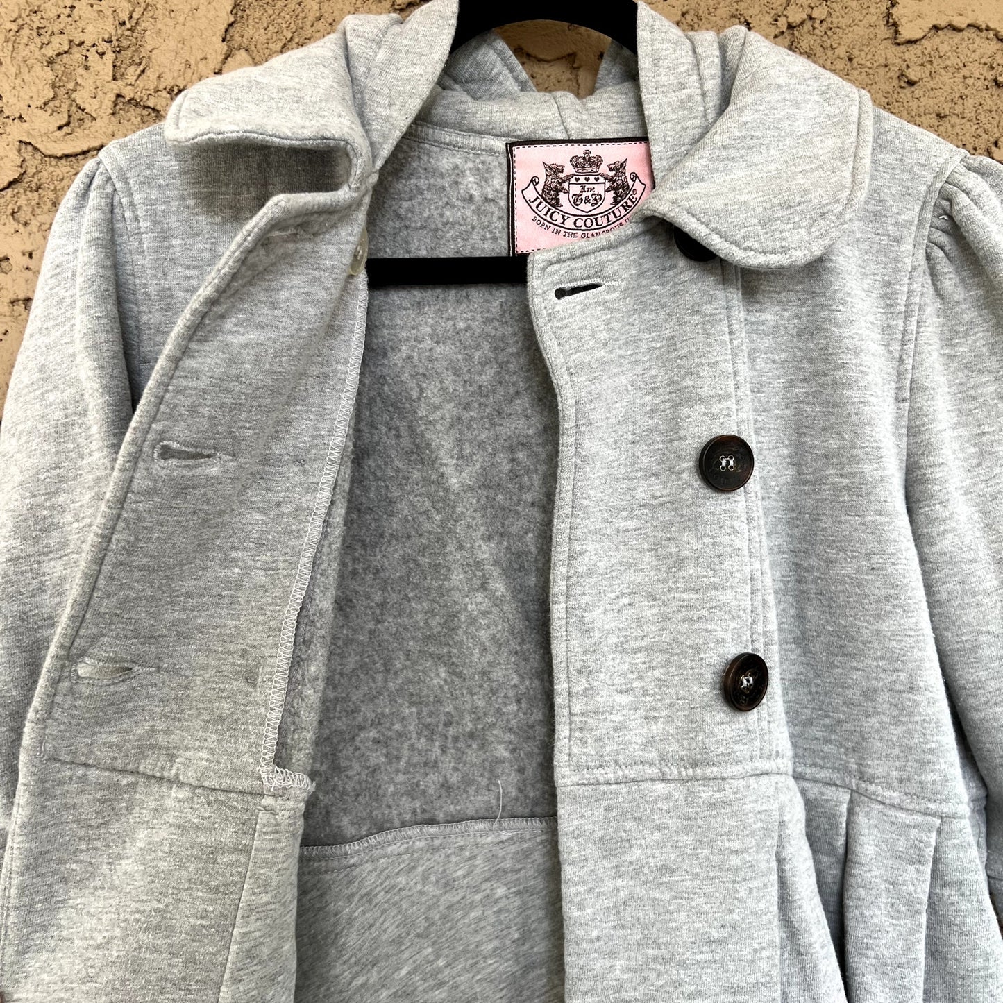 Juicy Couture Peacoat Jacket (M) Y2K Coat Hooded Empire Waist Double Breast VTG