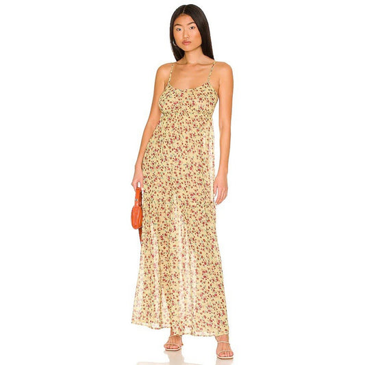 $164 Beach Riot (S) Malia Sheer Maxi Swim Coverup Yellow Floral Beach Dress