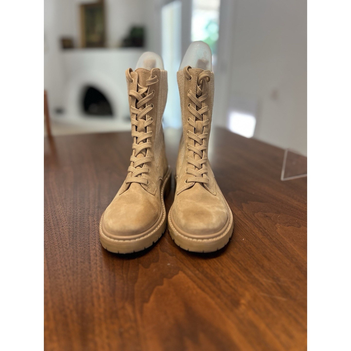Sam Edelman Lydell Combat Boots 5 Tan Beige Ankle Booties Lug Suede Lace Up