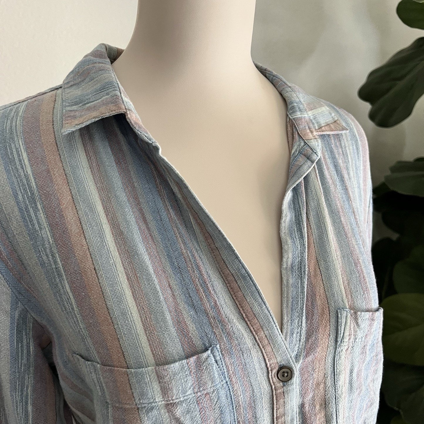 Cloth & Stone (S) Button Down Chambray Linen Blend Shirt Dress Raw Hem Coverup