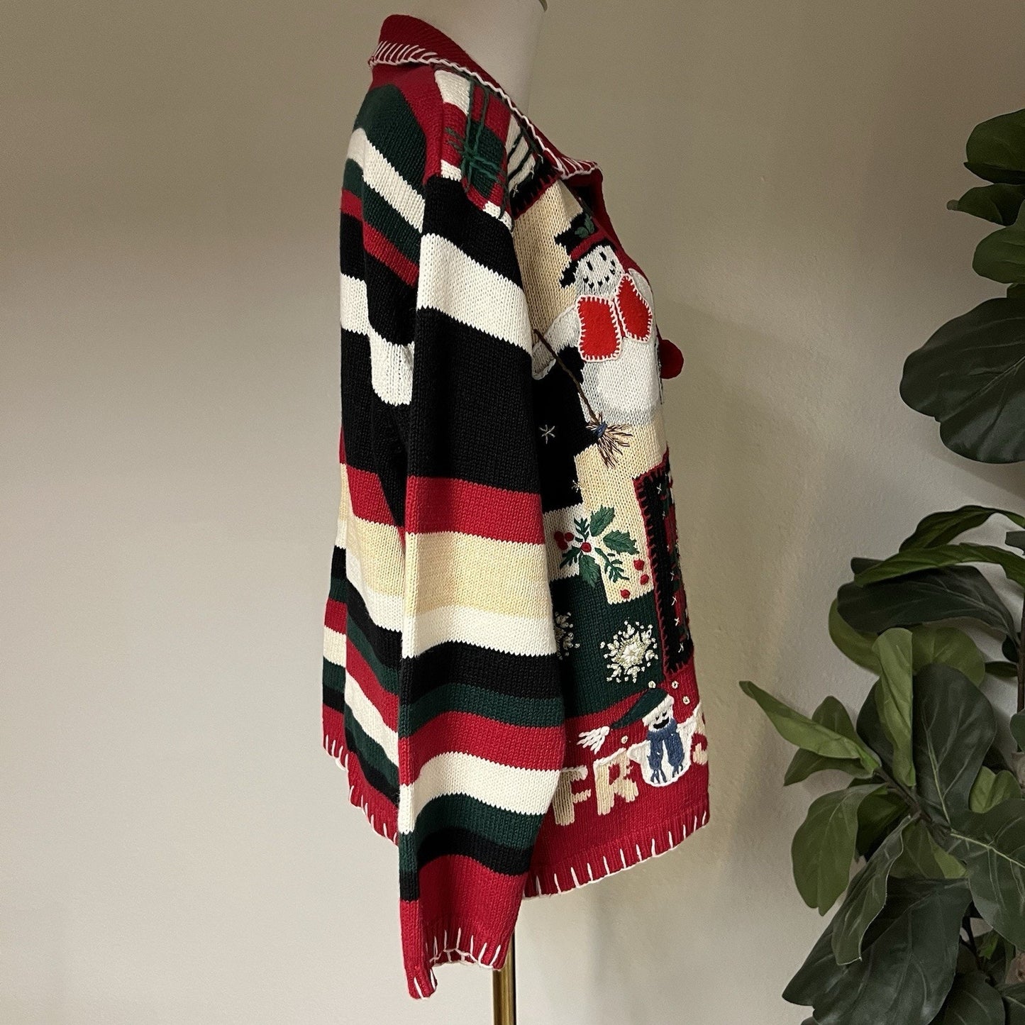 90s Ugly Christmas Sweater (L) Full Zip Knit Embroidered Snowman Tiara Int.