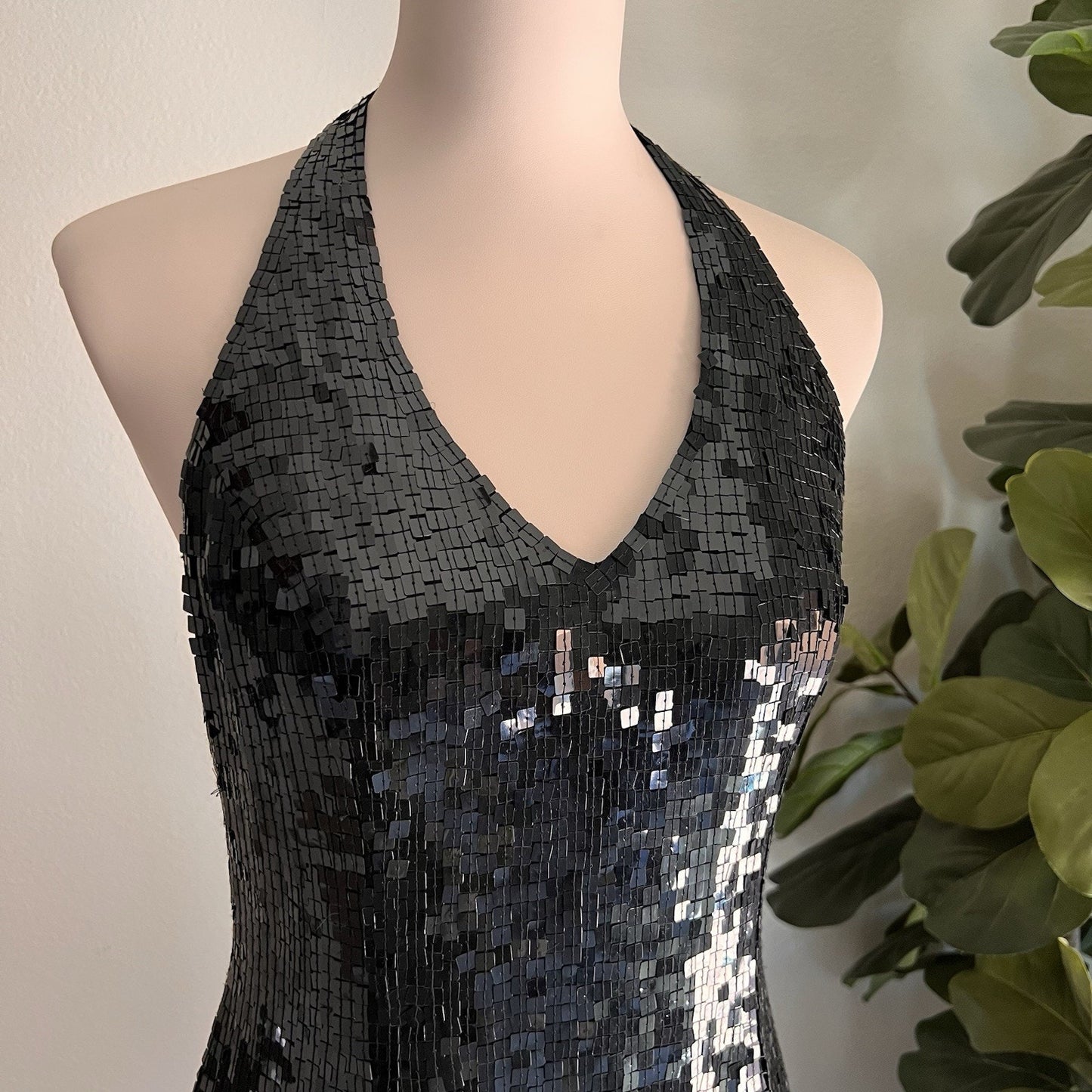Vintage Basix II Silk Sequin Halter Evening Gown Cocktail Backless Prom Dress