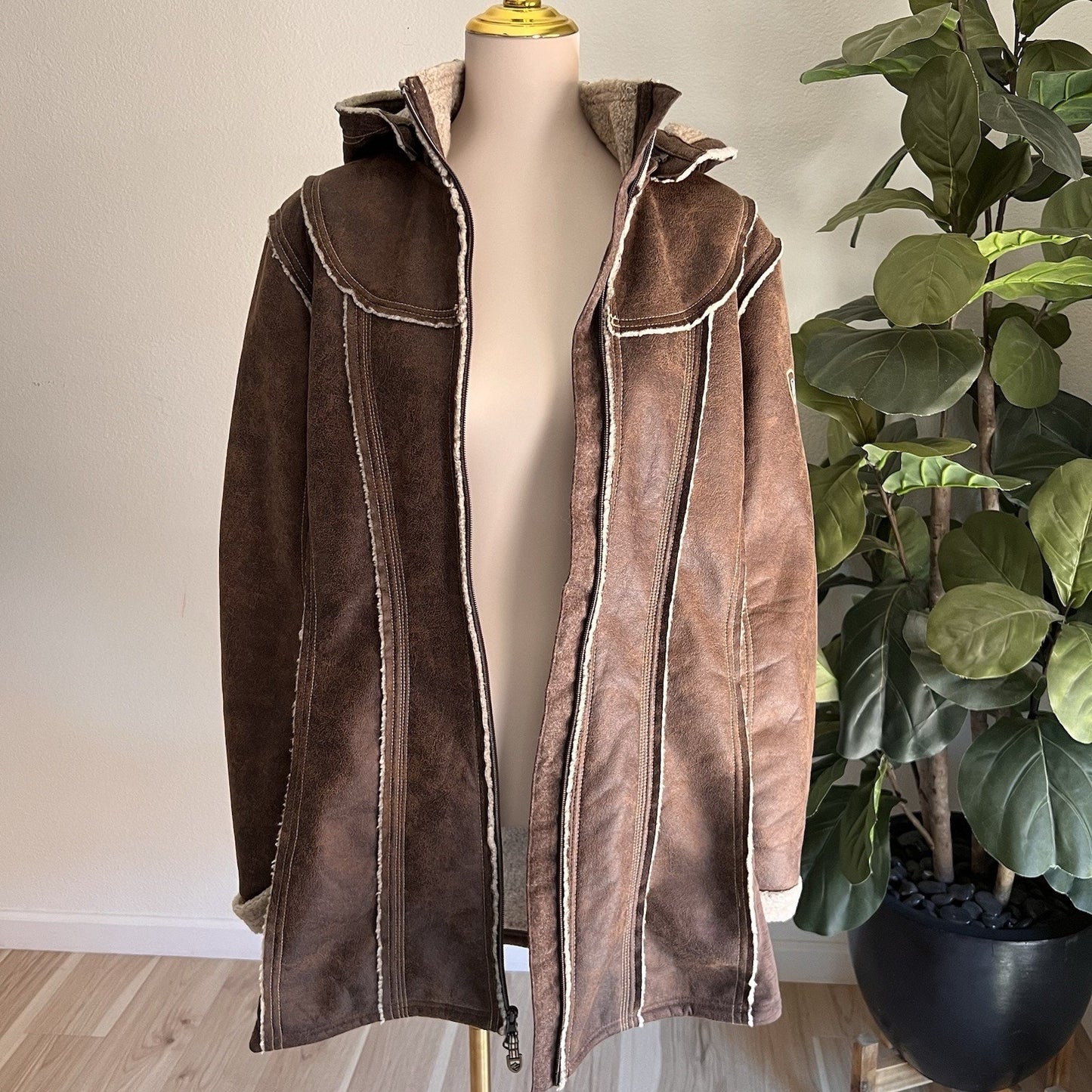NWOT Kuhl XL Women's Dani Sherpa Trench Brown Wool Faux Leather Removable Hood