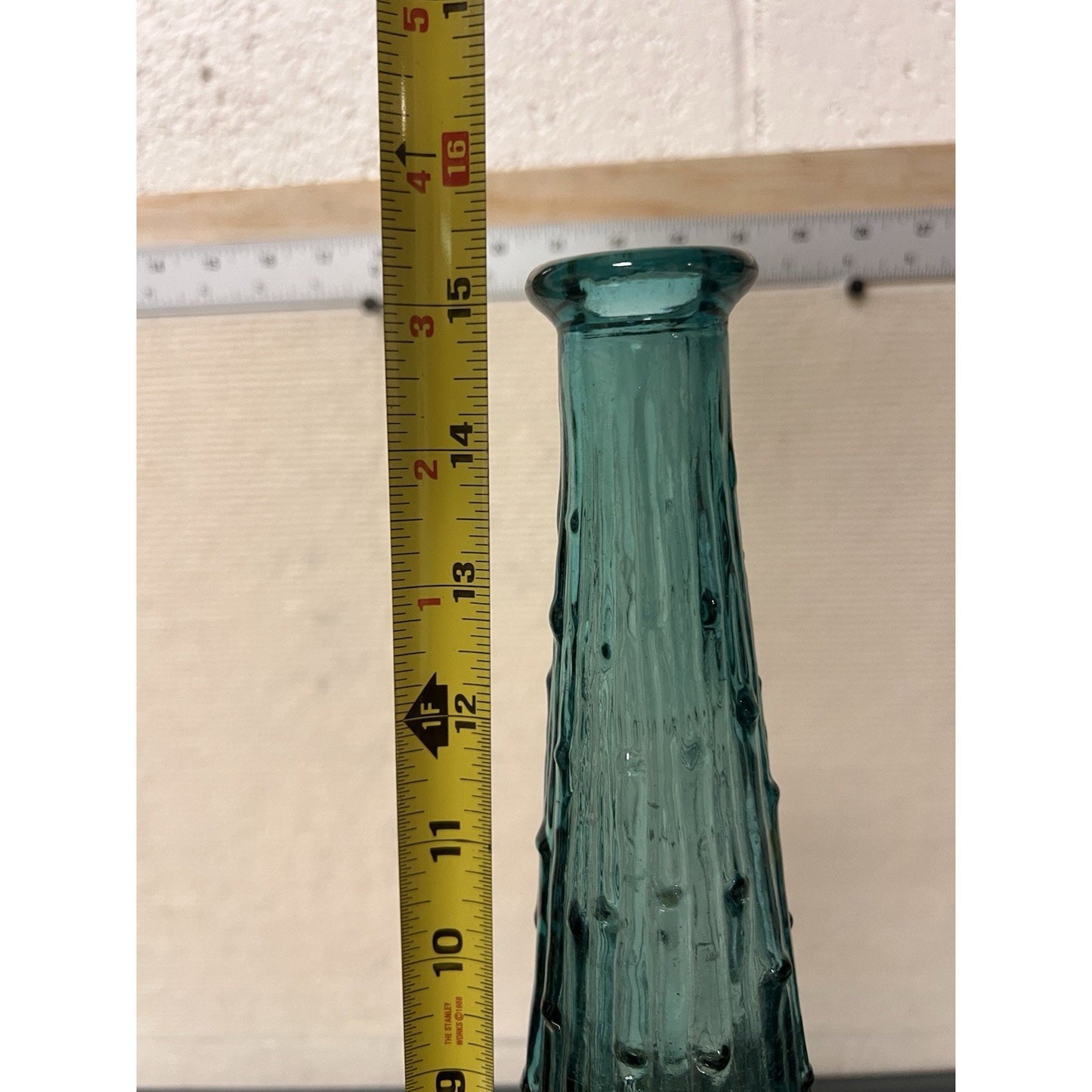 Vtg MCM Italian Empoli Glass Genie Bottle Teal Blue Bamboo Drip Decanter 15”