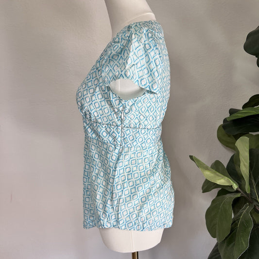 Banana Republic Y2K 100% Silk Fitted Peplum XS Geometric Short Sleeve Blouse Top