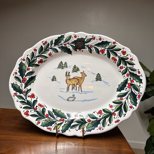 Nova Deruta Platter Christmas Holiday Oval Reindeer Holly 15x12”