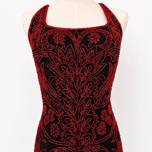 XS Cache Silk Black Red Beaded Dress Vamp Y2K Dramatic Goth Witchy Glam Luxe 90s