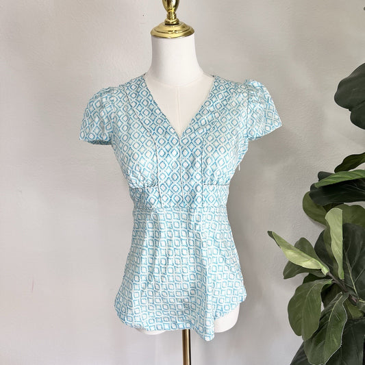 Banana Republic Y2K 100% Silk Fitted Peplum XS Geometric Short Sleeve Blouse Top