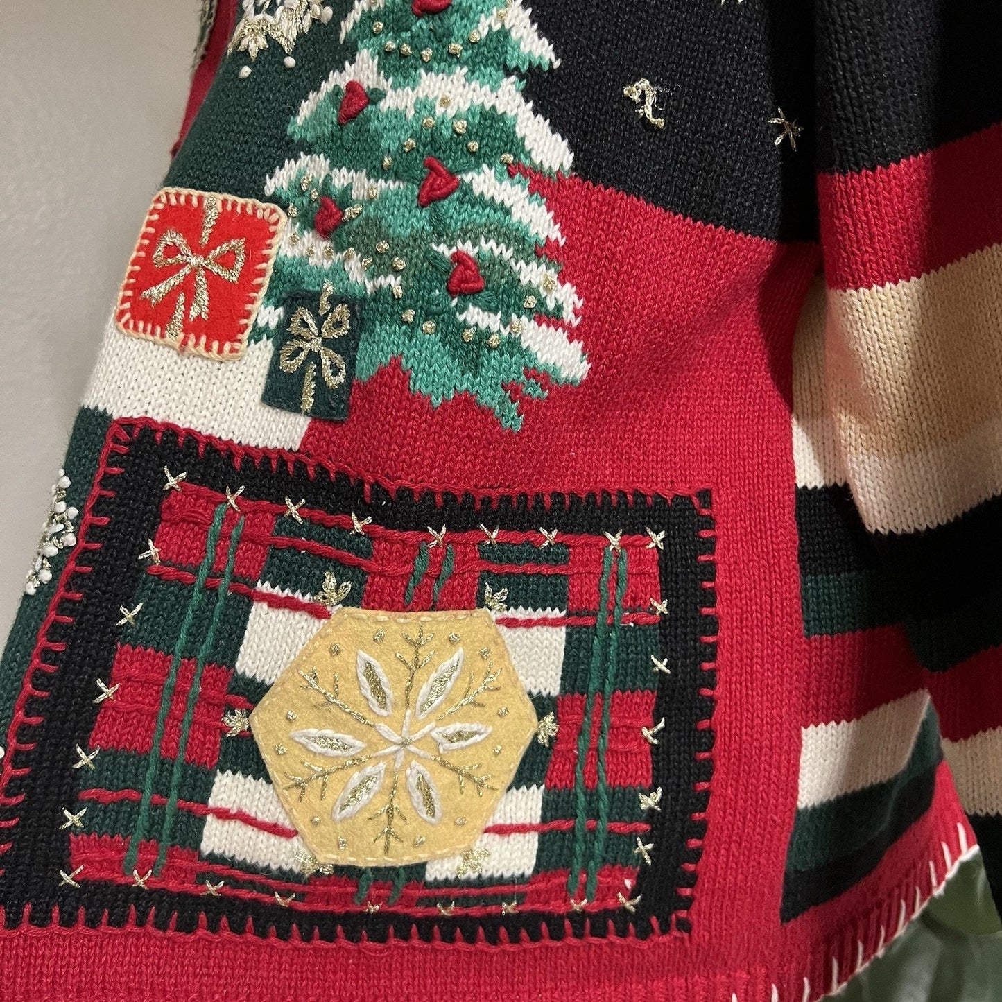 90s Ugly Christmas Sweater (L) Full Zip Knit Embroidered Snowman Tiara Int.
