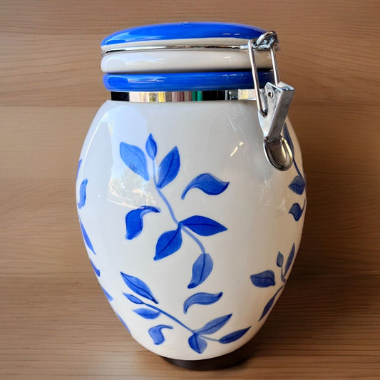 Vintage Hand Painted Inspirado StoneLite Ceramic Biscotti Cookie Jar Blue/White