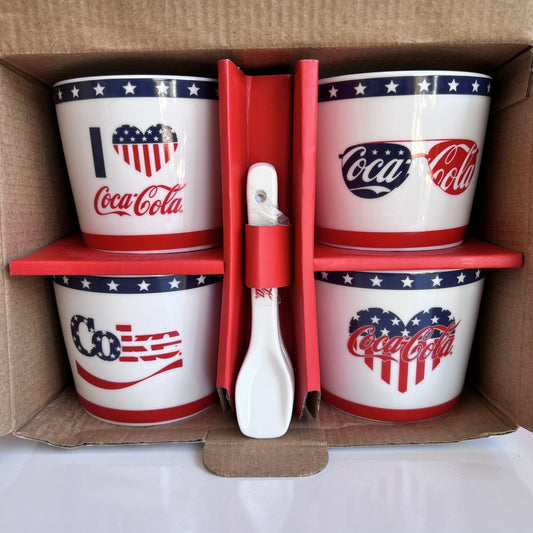 NEW Coca Cola Set of 4 Ice Cream Sundae Cup Bowl & Spoon Collector Gift American