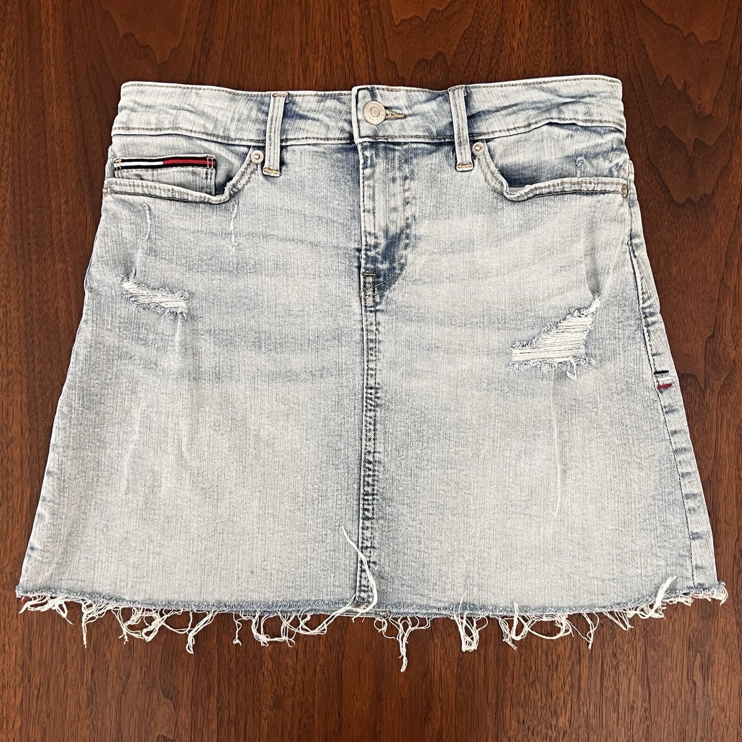 Tommy Jeans Distressed Cutoff Denim Miniskirt Size 0/25 Hilfiger Logo Y2K Vibes