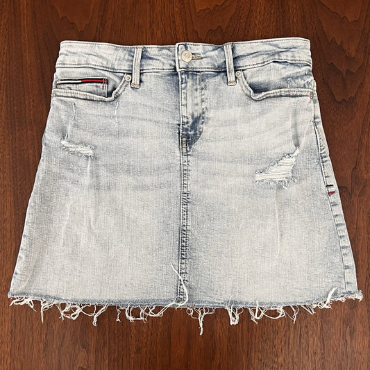 Tommy Jeans Distressed Cutoff Denim Miniskirt Size 0/25 Hilfiger Logo Y2K Vibes