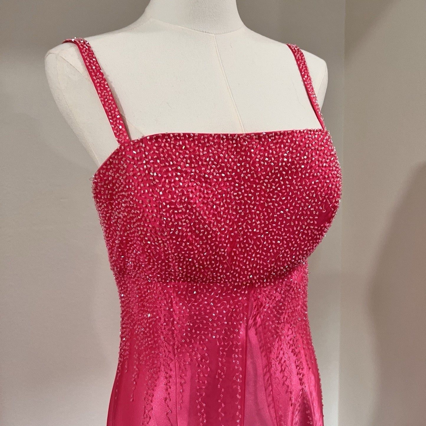 90s Y2k Caché Dress (6) Ethereal Fairy Beaded Hot Pink Barbie Sheer Prom Glam