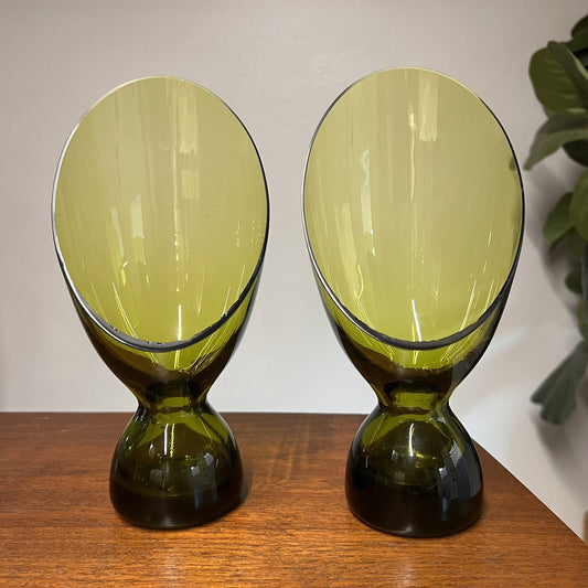 (2) MCM Retro Morgantown Coronet Slant Glass Hurricane Candle Holder Moss Green