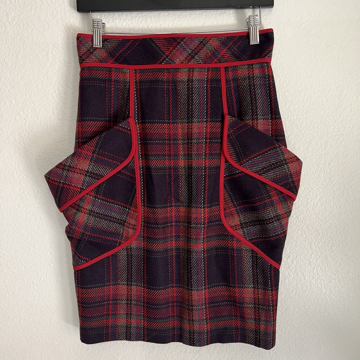 ANTHROPOLOGIE Plenty 6 Tracy Reese Red/Navy Plaid Wool Blend Pencil Skirt Preppy