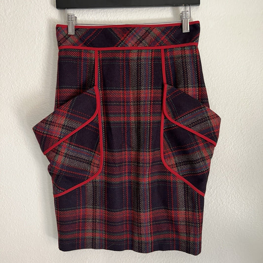 ANTHROPOLOGIE Plenty 6 Tracy Reese Red/Navy Plaid Wool Blend Pencil Skirt Preppy