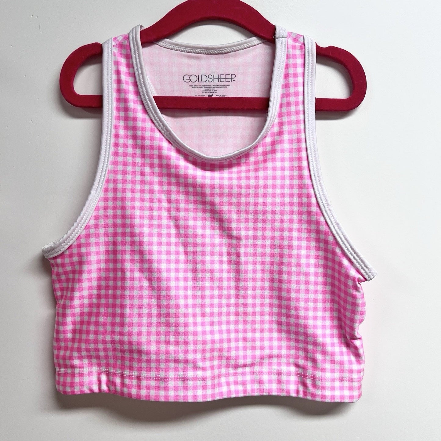 Goldsheep Sports Bra (S) Neon Pink Plaid Gingham Racerback No Pads Girly