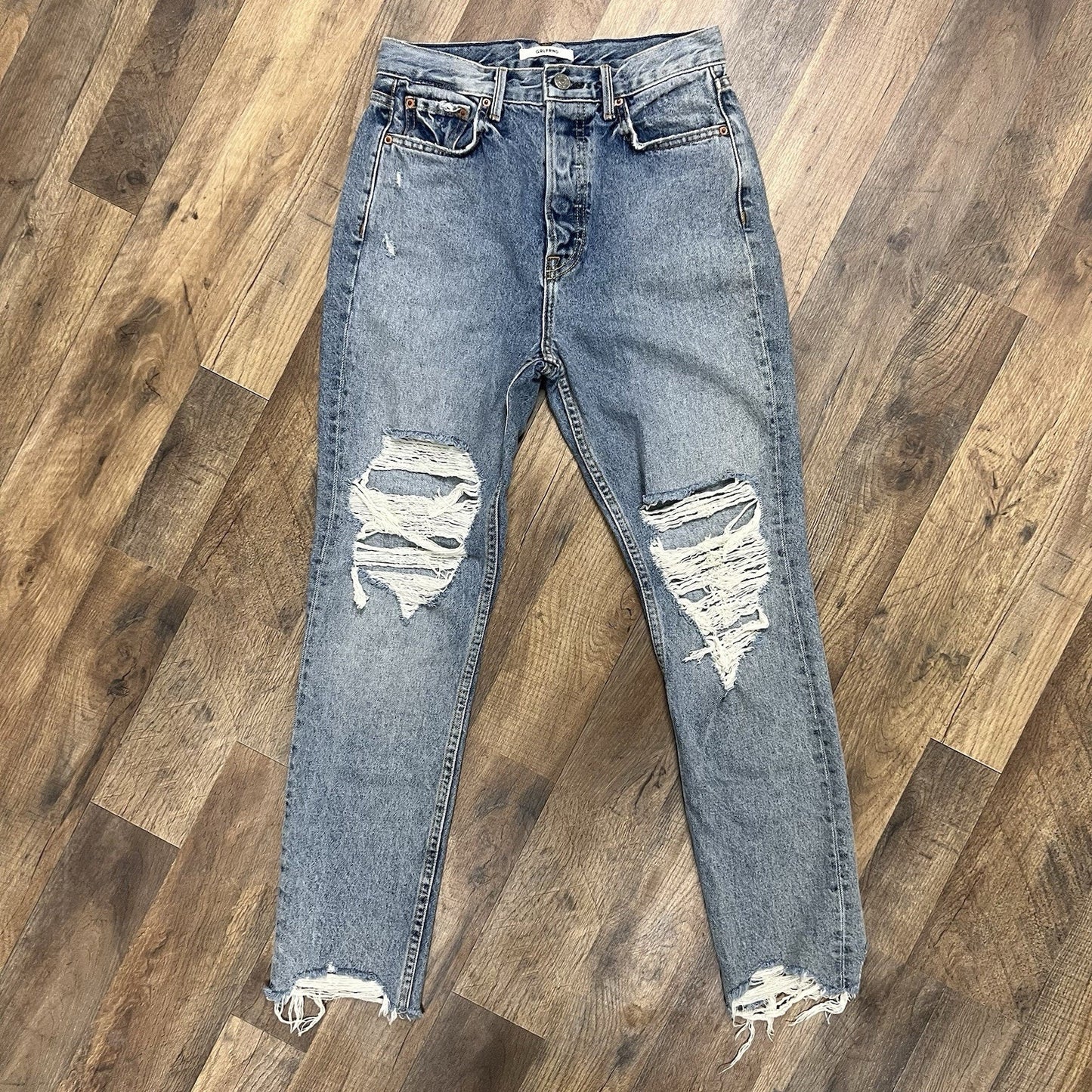 GRLFRND SHR Karolina Sz 26 Super High Rise Distressed Raw Hem Fringe Button Fly