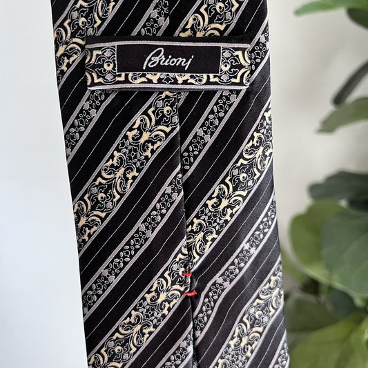 BRIONI Long Handmade 100% Silk Italian Designer Tie Black Silver Classic Rep Tie
