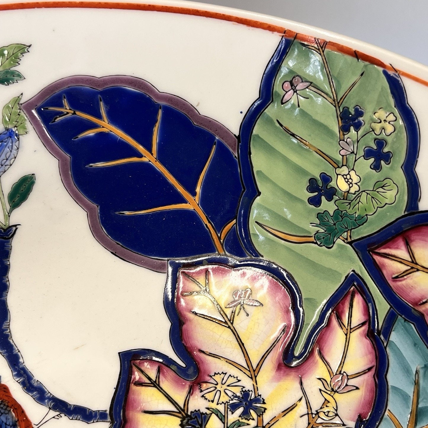 Chinese Export Tobacco Leaf Bowl 12x8” Chinoiserie Oriental Asian Hand Painted