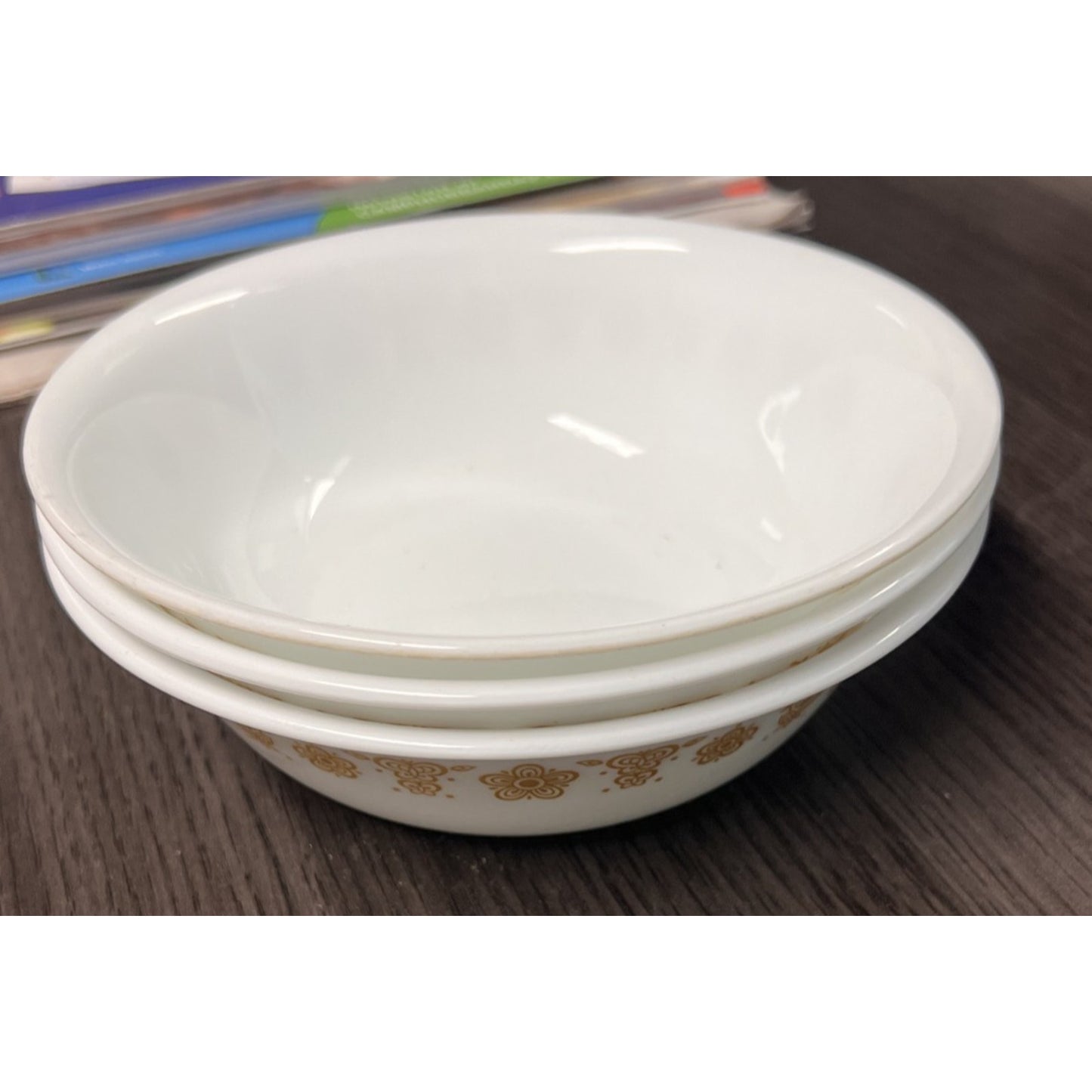 Vtg 1970s Corelle Corning BUTTERFLY GOLD Set of 3 Soup Cereal Bowls White 6-1/4"