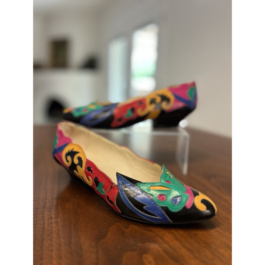 Vintage 1980’s Paradox Vibrant Color Patchwork Leather Kitten Heels Size 6.5 US