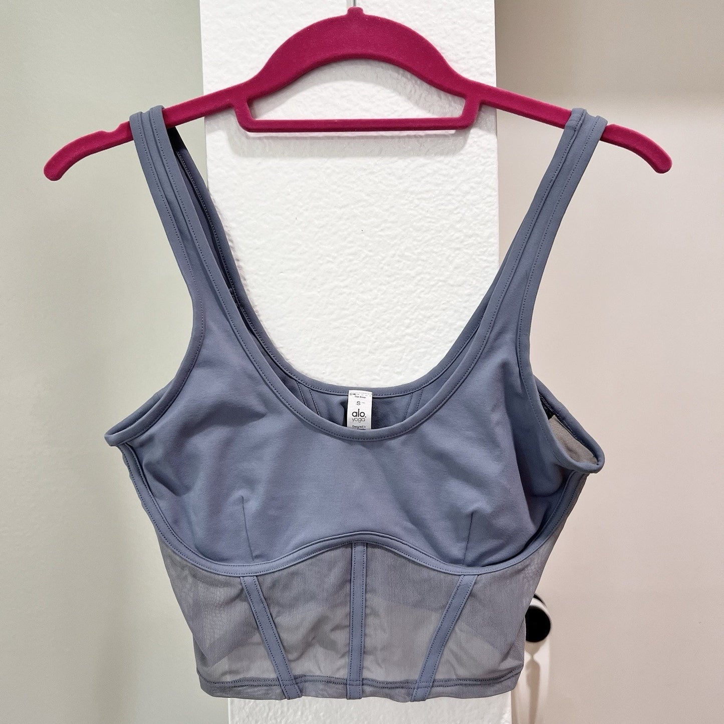 Alo Yoga (S) Airbrush Mesh Corset Tank Top Crop Blue Compression Clean Shelf Bra