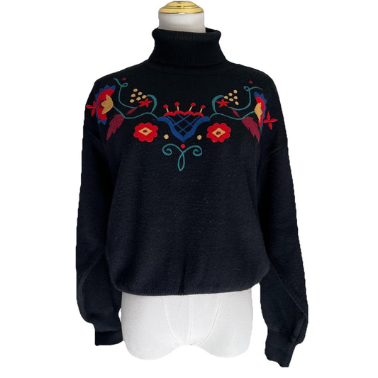 Vintage Obermeyer Sweater (S) Lillian Wool Blend Embroidered Nordic Flower Black