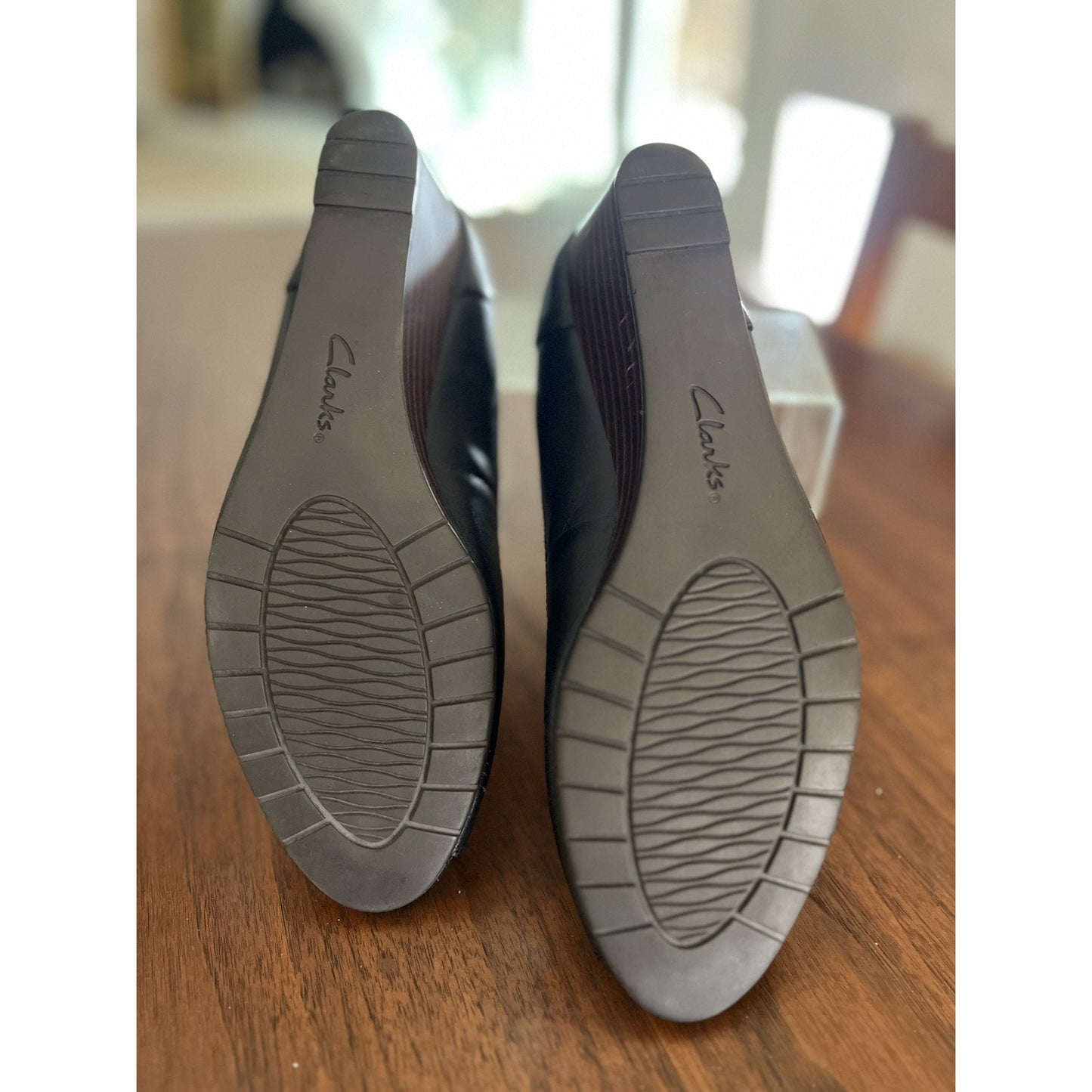 Clarks Women's Mallory Charm Wedge Black Slip On Peep Toe Comfort Shoe Size 8