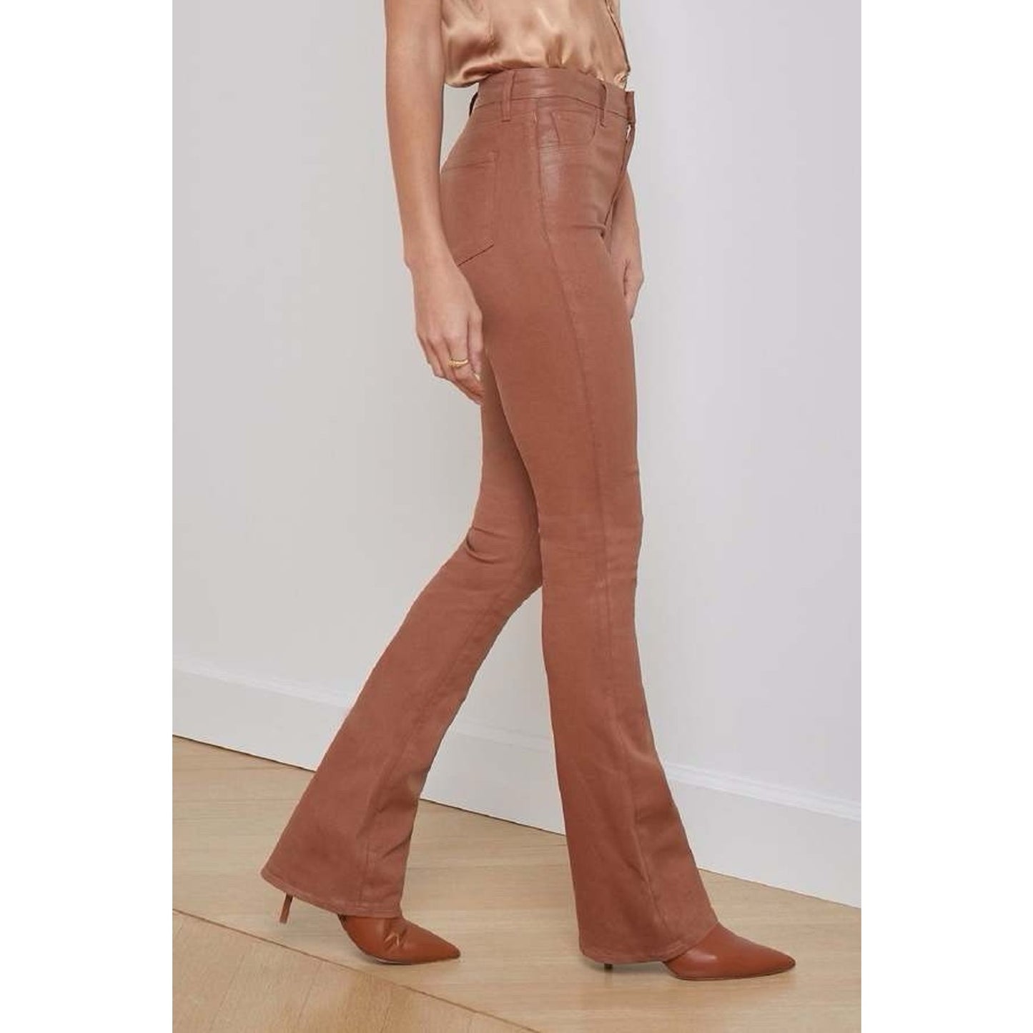 L’Agence (25) Selma High Rise Baby Bootcut Coated Pants Fawn Leather Look Brown