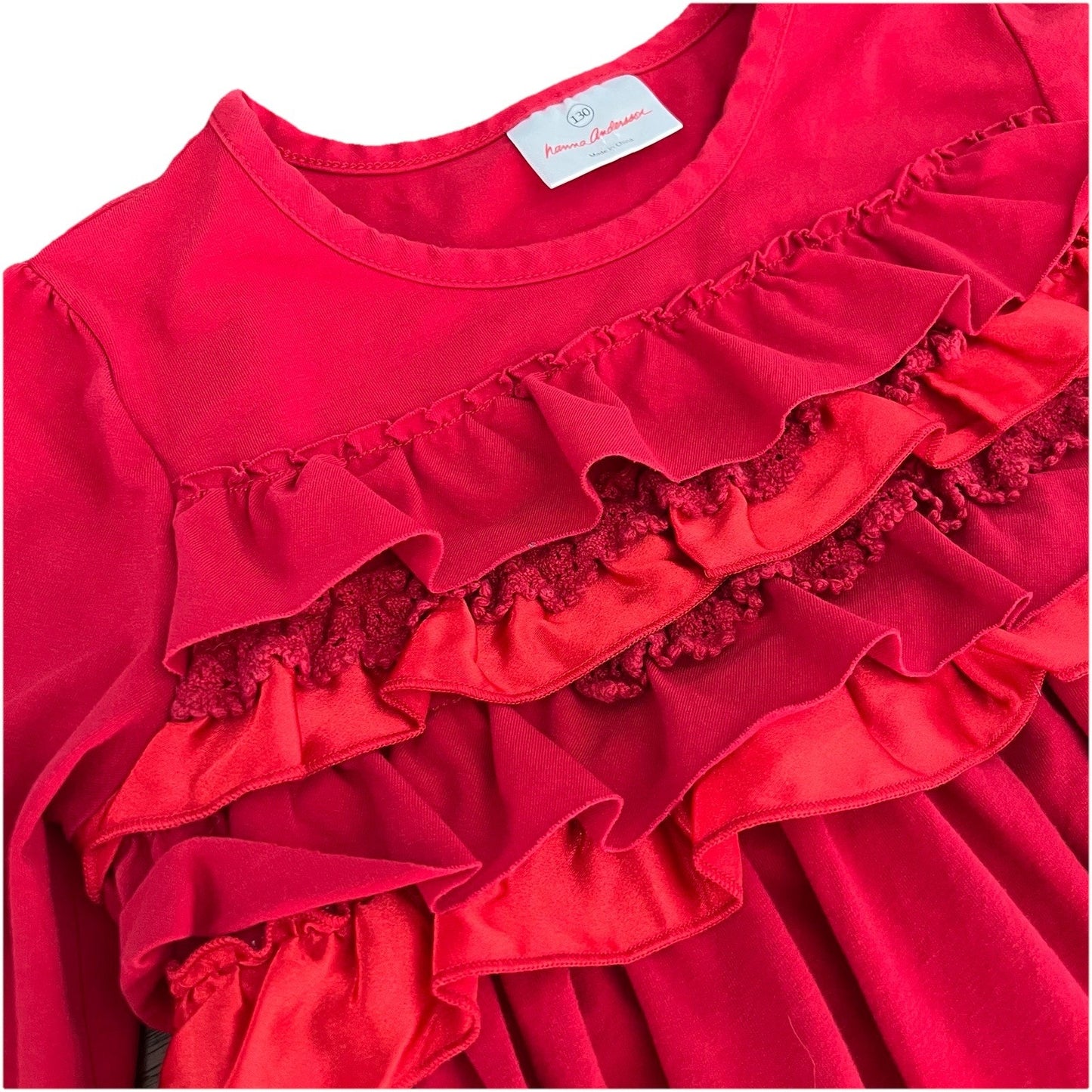 Hanna Andersson 130 (8T) Red Ruffle Kids Girls Dress Cotton Crochet Long Sleeve
