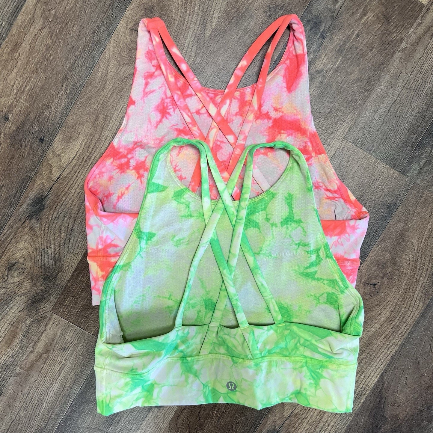 Pair of Lululemon Longline High Neck Energy Sports Bra Sz 8 Neon Tie Dye