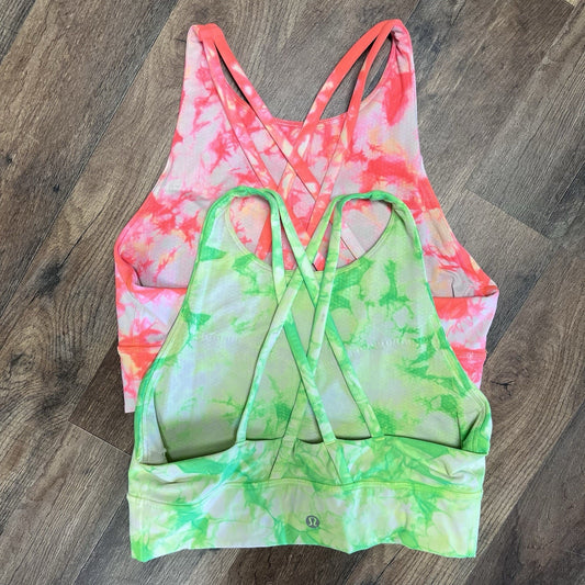 Pair of Lululemon Longline High Neck Energy Sports Bra Sz 8 Neon Tie Dye