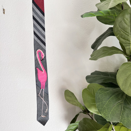 Retro Vintage Hand Sewn Unique Flamingo Embroidered Skinny Tie Novelty Fun