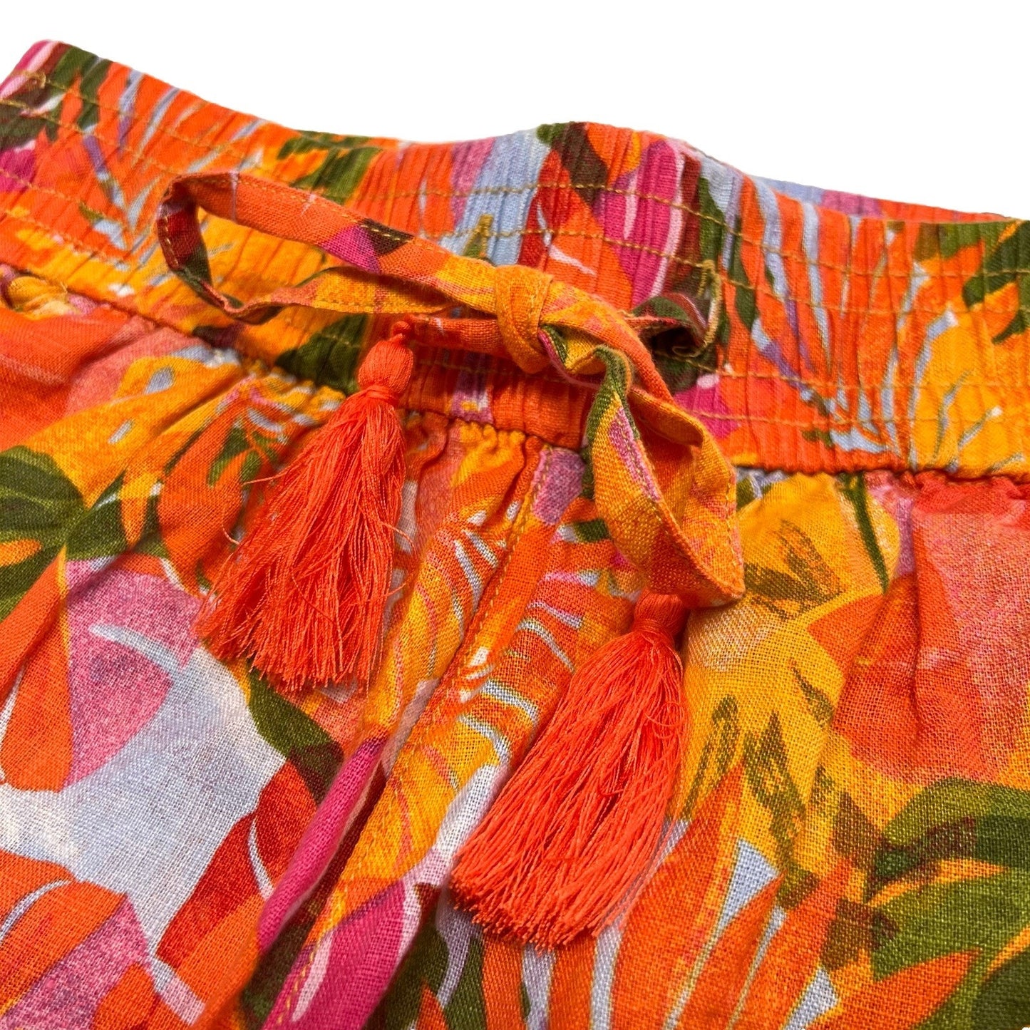 C&C California Linen Shorts (S/28”) Floral Tropical Crochet Trim Fringe Tassel