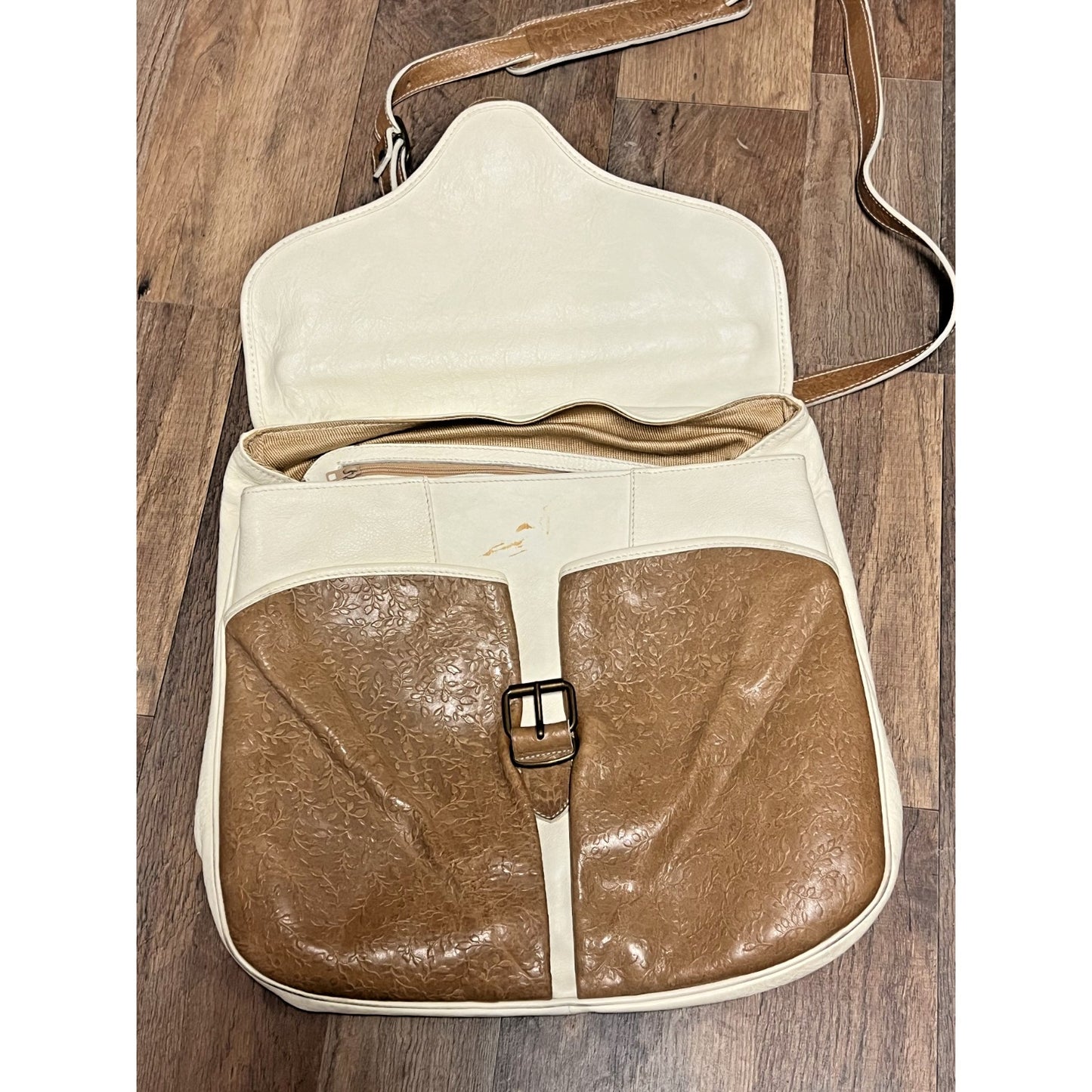 Florentia White Brown Italian Satchel Bag Made in Florence Two Tone Large