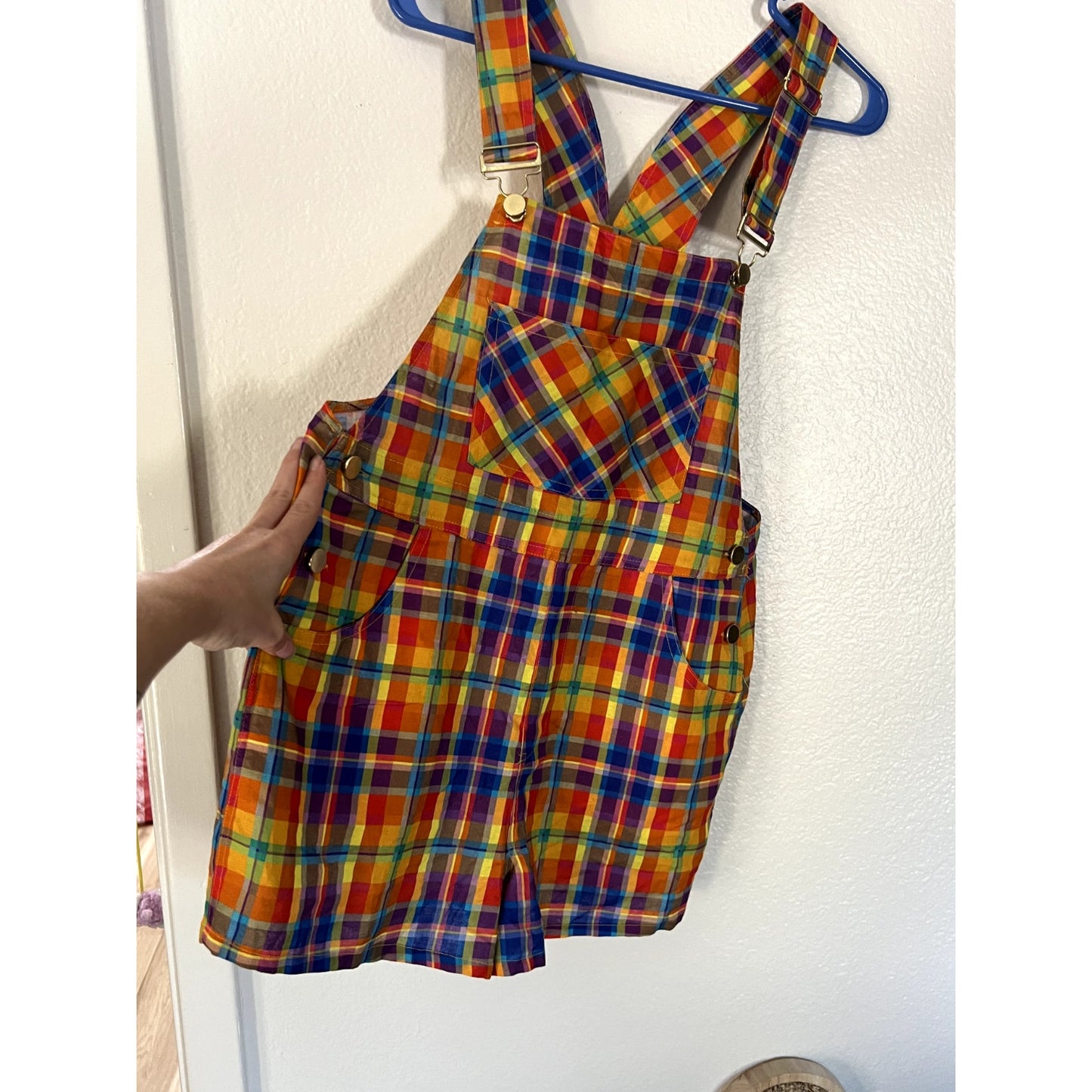 $128 NWT WeWoreWhat Danielle Bernstein Basic Rainbow Plaid Overall Shorts Sz S