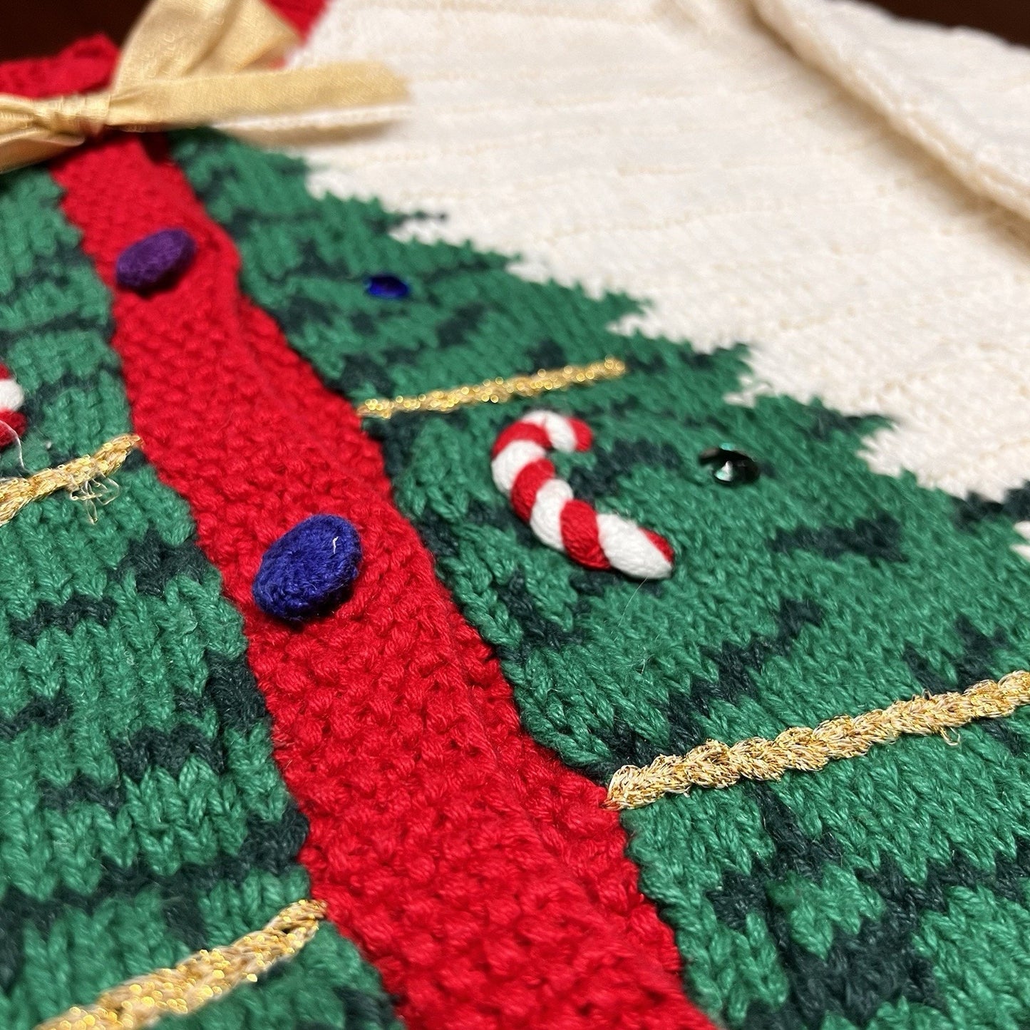 Vintage Storybook Heirlooms Christmas Tree Cardigan (S) Sweater Knit Granny Bows