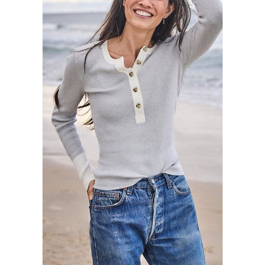 $168 Faherty Mikki Henley XXS Cashmere Cotton Ribbed Sweater Top Colorblock