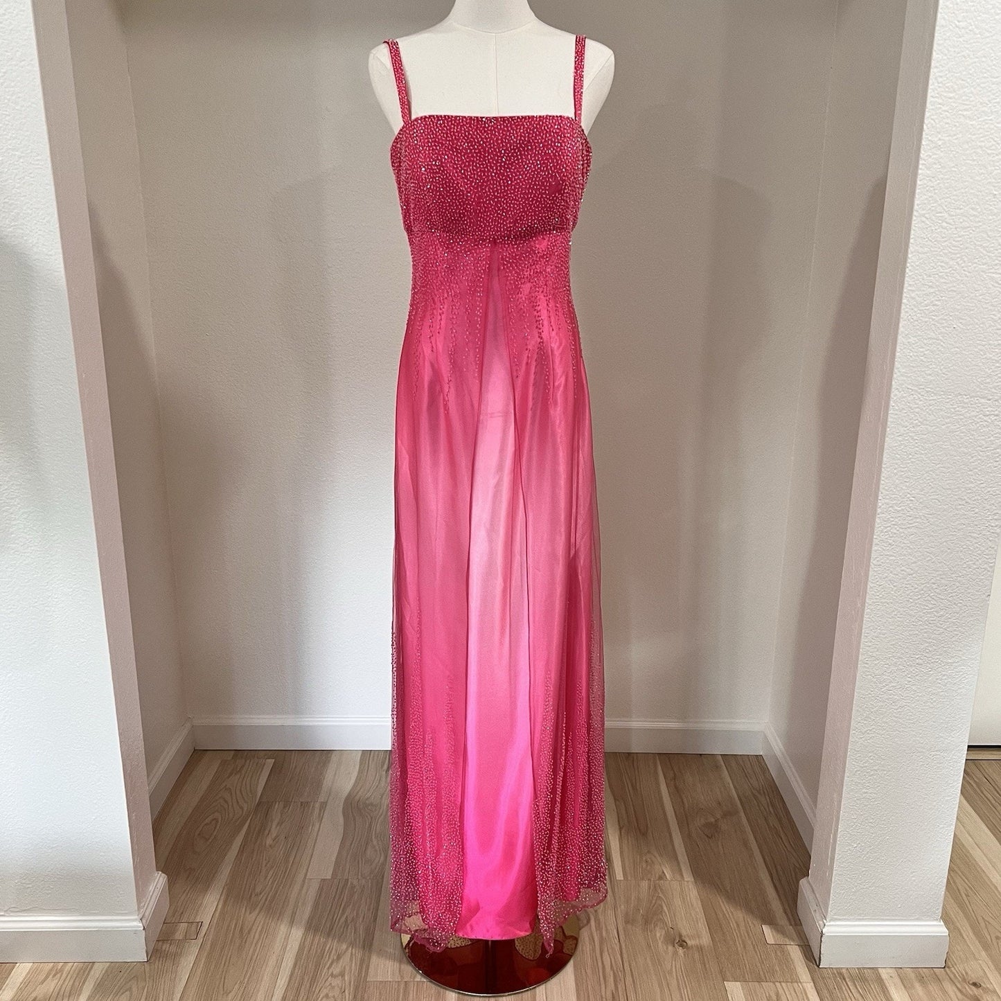 90s Y2k Caché Dress (6) Ethereal Fairy Beaded Hot Pink Barbie Sheer Prom Glam