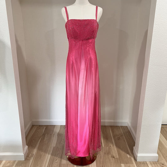 90s Y2k Caché Dress (6) Ethereal Fairy Beaded Hot Pink Barbie Sheer Prom Glam